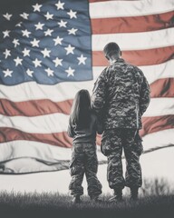 U.S. soldier with child in uniform standing in front of American flag in tribute scene
