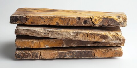 Fototapeta premium Flat stack of antique yellowish-brown stone slabs on white studio background 
