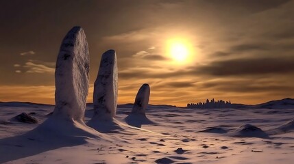 Fototapeta premium Snowy landscape with standing stones under a glowing sky