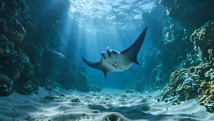 Obraz premium Manta Ray Swimming Underwater in Ocean Cave