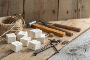 A vintage carpentry workshop with old tools like a hammer and chisel on a wooden table