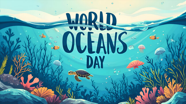 World Oceans Day Illustration with Sea Turtle, Fish and Jellyfish