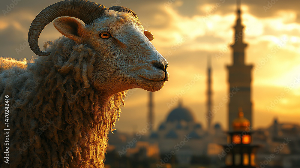 Fototapete /imagine prompt:realistic sheep beside elegant podium with islamic lantern and crescent moon, gold a