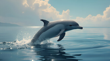 Fototapeta premium Dolphin Leaps From Ocean with Cloudy Sky