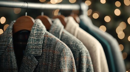 Fototapeta premium Several coats on wooden hangers are displayed on a rack, with warm bokeh lights in the background, creating a cozy atmosphere.