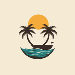 Minimalist Tropical Island Vector Illustration With Palm Trees Sun And Boat Graphic For Summer Vacation