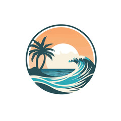 Tropical Island Sunset With Palm Tree And Ocean Wave Artistic Vector Illustration