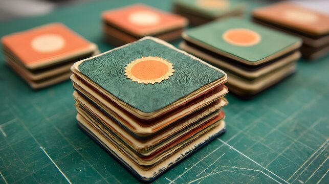 Folded Comic Zine Prototypes Stacked on Teal Cutting Mat - Powered by Adobe