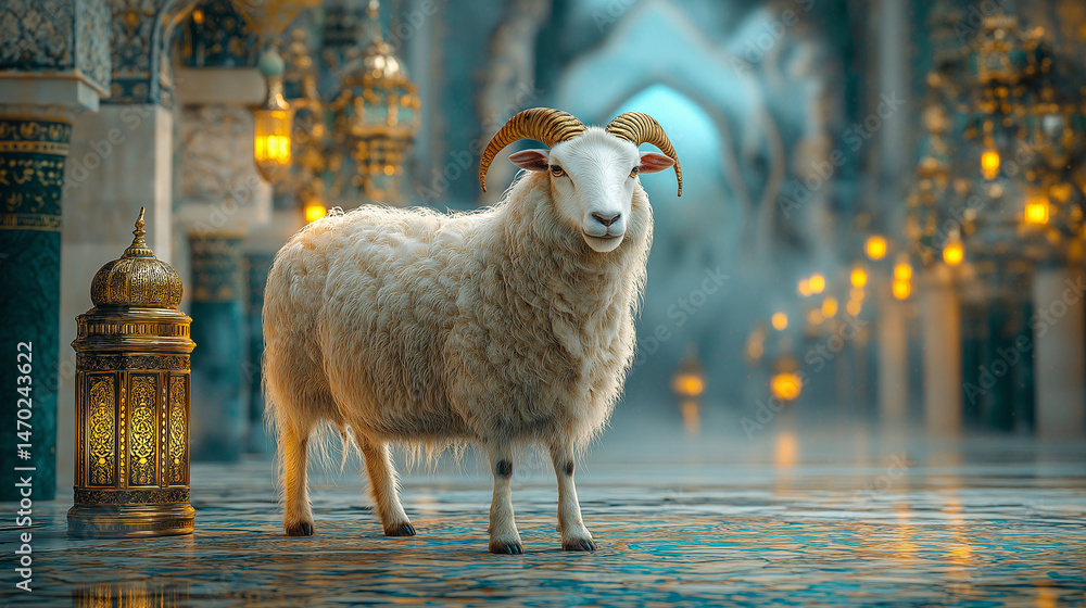 Fototapete /imagine prompt:realistic sheep beside elegant podium with islamic lantern and crescent moon, gold a