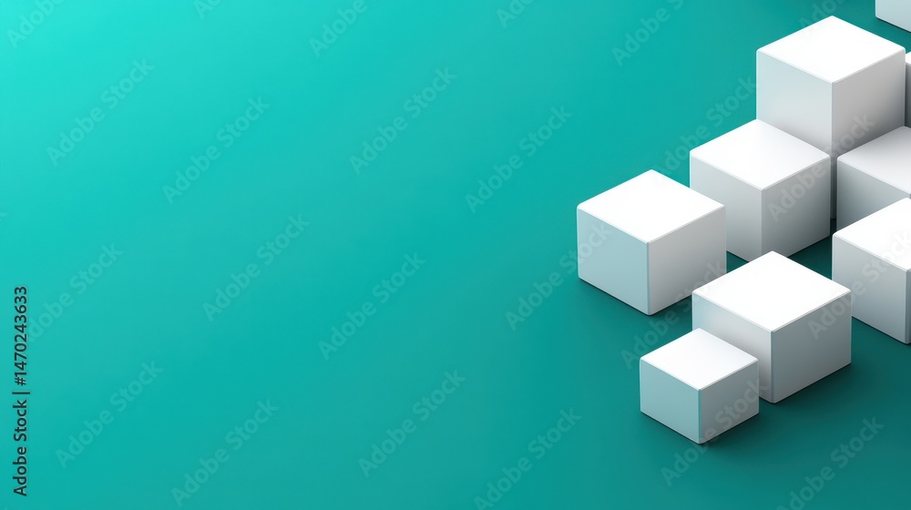 Poster geometric arrangement of white cubes on a vibrant teal background with high-angle perspective creati