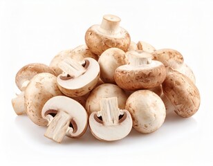 Pile of mushrooms over white background