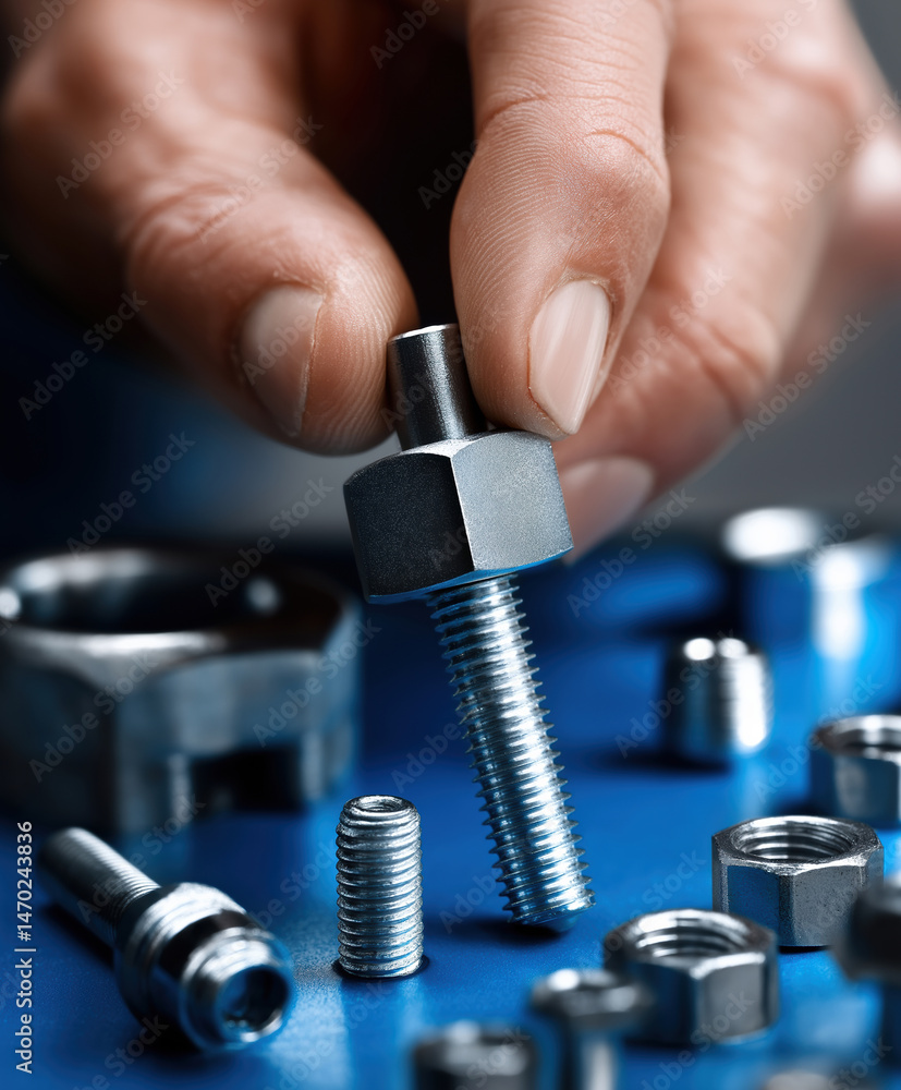 Aufkleber exploring precision hardware with various nuts, bolts, and tools on a workspace