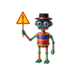 Colorful retro robot with a black hat holding a warning sign with an exclamation mark. A fun yet alert character symbolizing caution, risk, or important information. Isolated on white background.