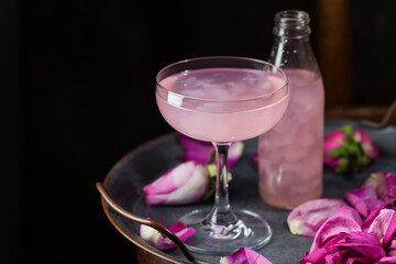 Summer refreshment drinks. Light pink rose cocktail, with rose wine on dark background. With rose flowers. Copy space