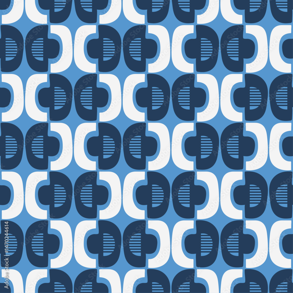 Fototapete Retro Blue Geometric Pattern. repeating geometric pattern in shades of blue and white. The pattern consists of stylized shapes resembling rounded squares.