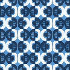 Retro Blue Geometric Pattern. repeating geometric pattern in shades of blue and white. The pattern consists of stylized shapes resembling rounded squares.
