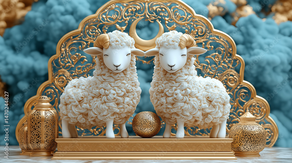 Fototapete /imagine prompt:realistic sheep beside elegant podium with islamic lantern and crescent moon, gold a