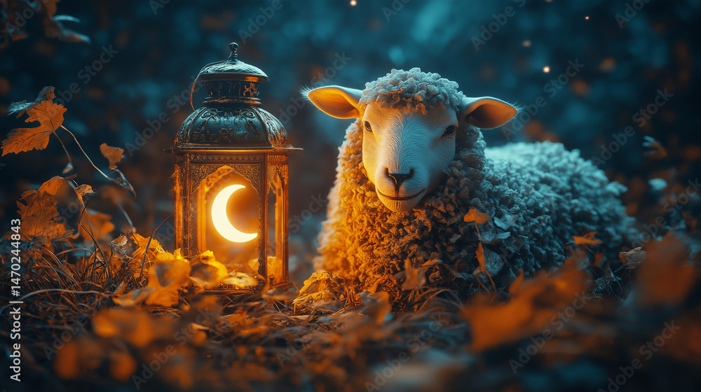 Fototapete /imagine prompt:realistic sheep beside elegant podium with islamic lantern and crescent moon, gold a
