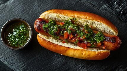 Hot dog with green sauce and tomatoes on bun beside sauce bowl.