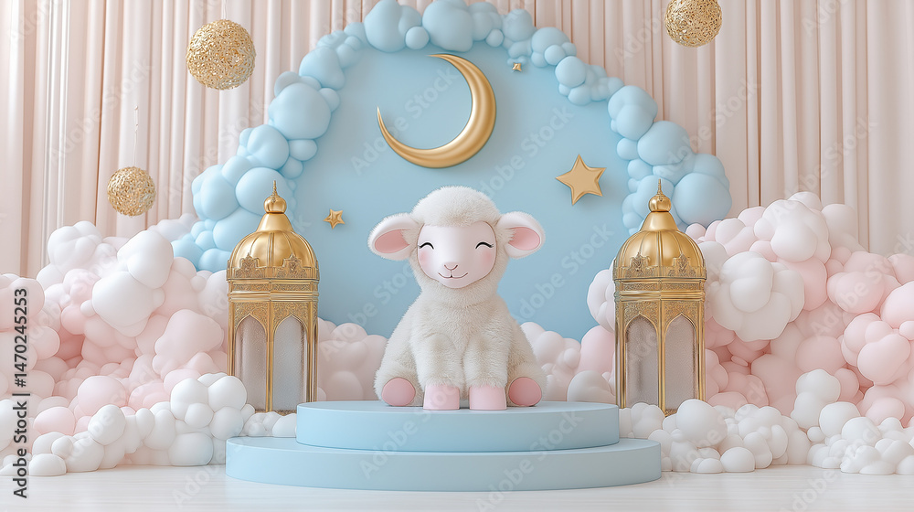 Fototapete /imagine prompt:realistic sheep beside elegant podium with islamic lantern and crescent moon, gold a