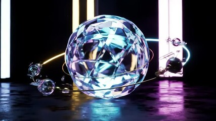  A crystalline orb pulses and rotates as smaller shards orbit in glowing precision within a surreal dark void - Powered by Adobe
