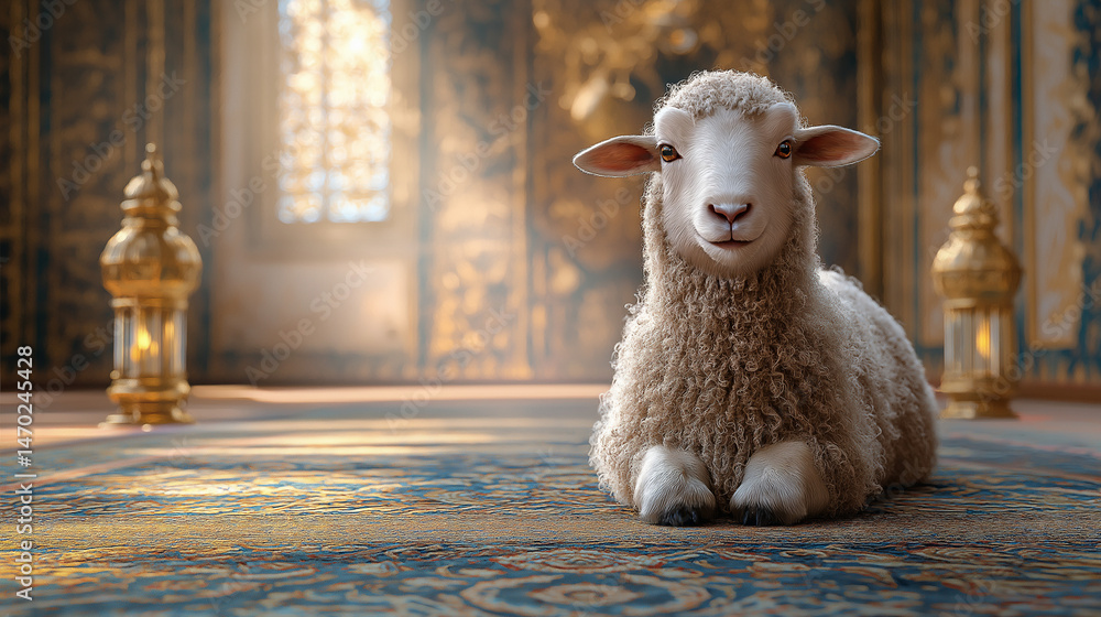 Fototapete /imagine prompt:realistic sheep beside elegant podium with islamic lantern and crescent moon, gold a