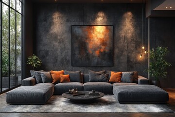 Modern dark living room with comfortable sectional sofa, statement artwork, and warm lighting