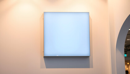 white plain empty blank branding indoor outdoor backlit light box logo sign signage attached on white wall, Colored gel lighting. White tone