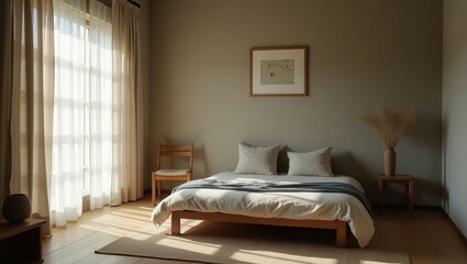 The wabi sabi bedroom features a wooden bed with white sheets, a blue duvet, botanical motifs on top, and sheer curtains, a wooden bedside table with dried flowers and a chair, a serene atmosphere.