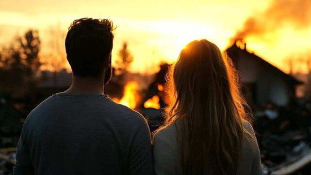 A distressed couple looking at their burnt house, the destroyed roof exposing their belongings to the sky, symbolizing the emotional and financial toll of fire disasters.