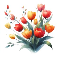 Obraz premium Minimalist Watercolor Tulip Bouquet in Bright Shades of Red, Yellow, and Orange with Soft Leaves – Elegant Floral Illustration on White Background