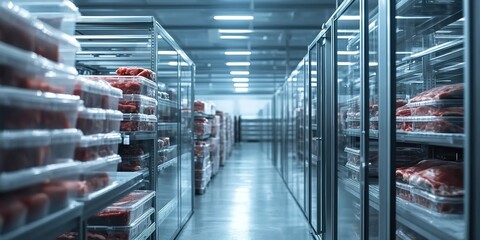 Warehouse shelves stacked with red packaged food under bright lights.
