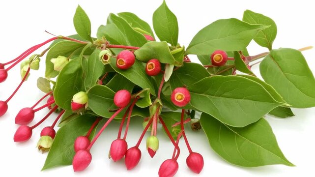 Botanical composition showcasing Gaultheria Procumbens plant with vibrant red berries and green leaves against a clean white backdrop.