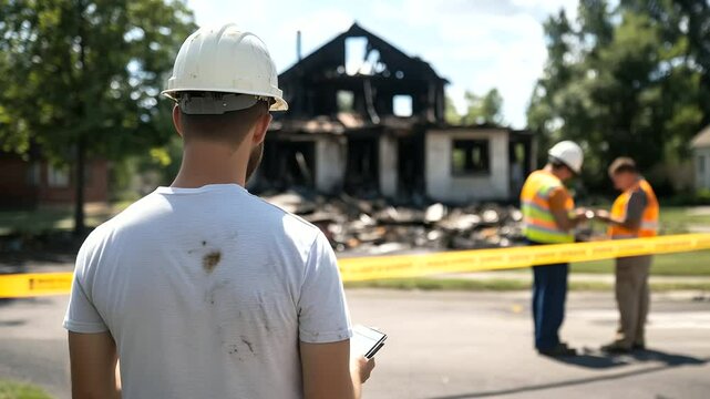 A destroyed house surrounded by caution tape, its burnt roof sagging, and insurance adjusters taking notes, emphasizing the claim process.