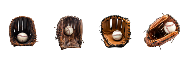 A set of baseball glove with visible stitching and leather texture, holding a new baseball, isolated on a transparent background