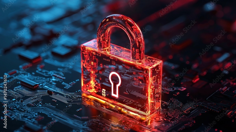 Poster A glowing digital padlock with a keyhole design on a circuit board
