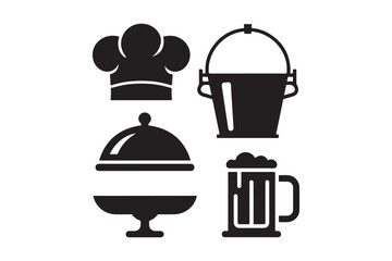 Chef Hat & Kitchen Icons Silhouette Set SVG Restaurant, Food Tray, Beer Mug, Bucket Clipart for Cricut and Laser Cut