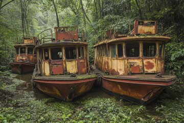 Obraz premium Decaying riverboats in jungle