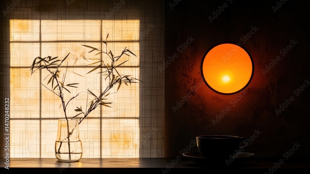 Poster illuminated decor features a vase cup and window with bamboo branches