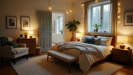 A cozy bedroom with a large bed covered in pillows and blankets, picture frames adorning the walls, bedside tables with lamps, and potted plants. Natural light comes in through the large windows.