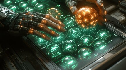 Futuristic hands manipulating glowing orbs