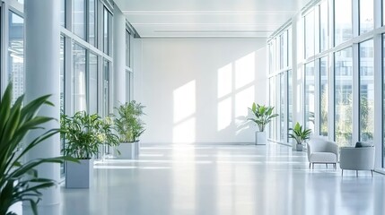 Obraz premium Modern corridor with glass windows, white columns, potted plants, glossy floor.