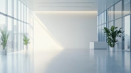 Fototapeta premium Modern corridor with glass windows, white columns, potted plants, glossy floor.