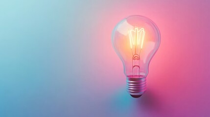 Glowing glass lightbulb with filament against pink-blue gradient.