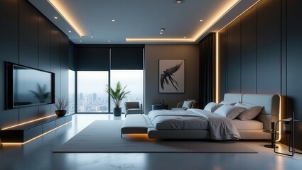 high-tech bedroom combines elegance and comfort, featuring a modern bed with plush bedding, a wall-mounted TV, minimalist shelves, glossy floors, ambient lighting, large windows, and houseplants.