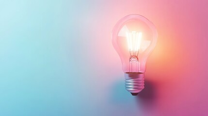 Glowing glass lightbulb with filament against pink-blue gradient.
