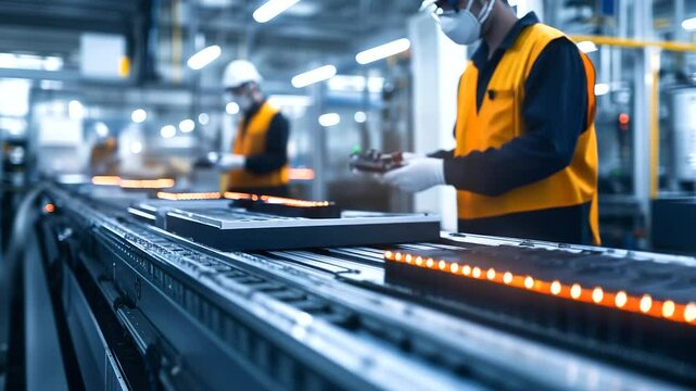A team of skilled technicians in protective gear meticulously inspecting lithium-ion batteries moving along a high-tech conveyor belt, ensuring quality standards in an advanced fac