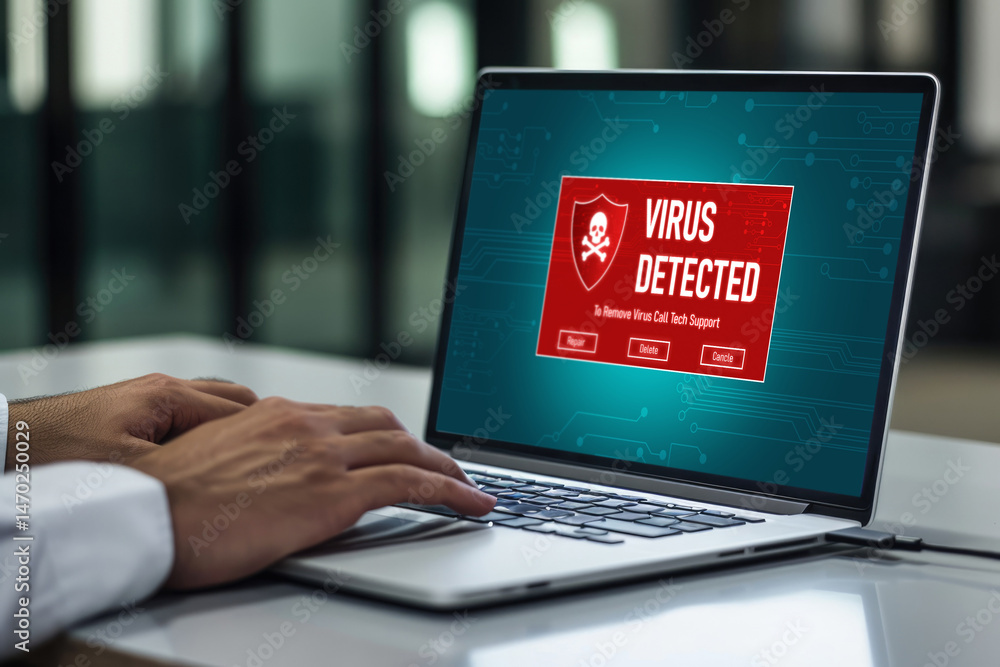 Poster virus warning alert on computer screen detected brisk cyber threat , hacker, computer virus and malw