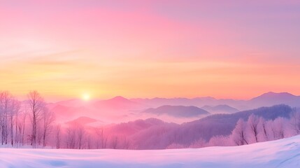 Pink And Orange Sunrise Over Snowy Mountain Range