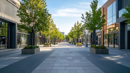 Modern pedestrian street with shops, geometric tiles, trees in flower beds.